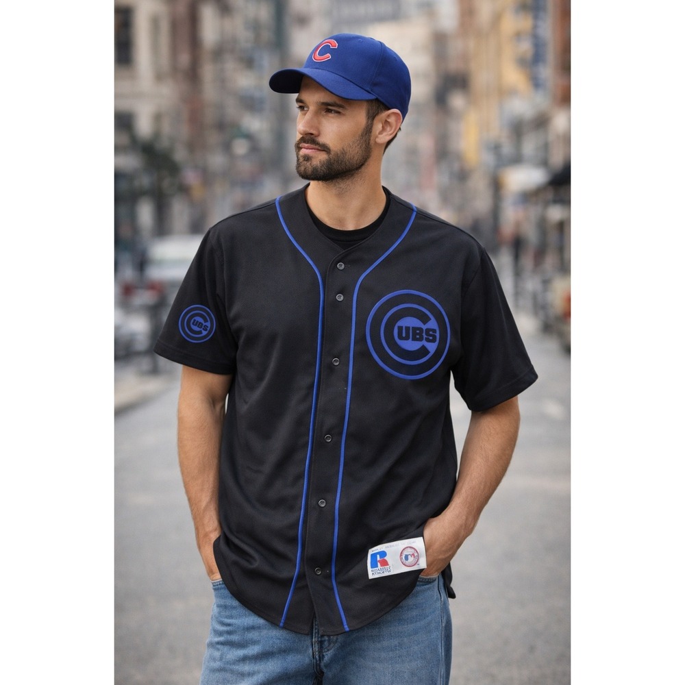 Vintage‎ Chicago Cubs Jersey Russell Athletic Black Blue MLB 90s Mens M